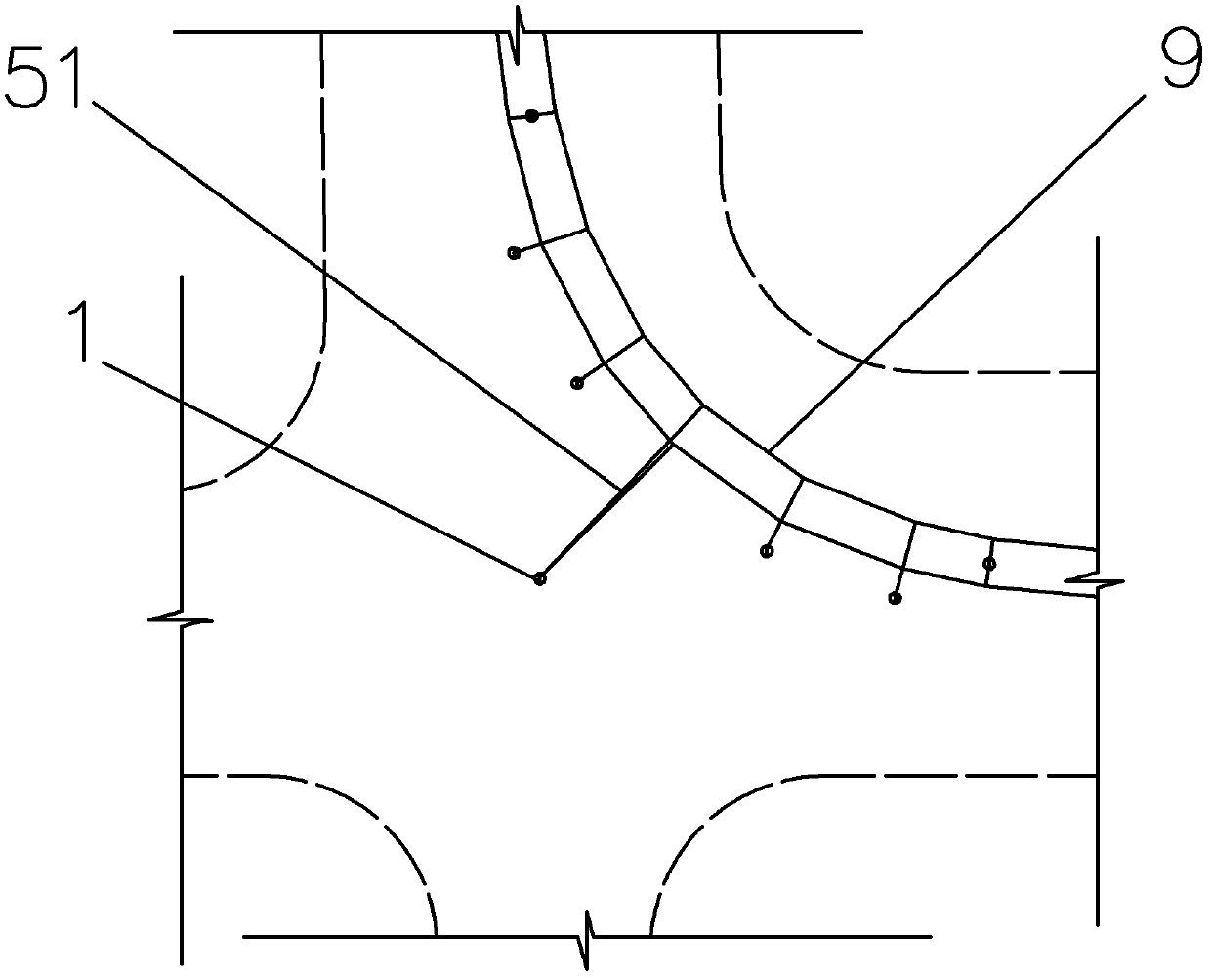 Small curve radius flexible positioning structure of catenary of tramcar and construction method of small curve radius flexible positioning structure