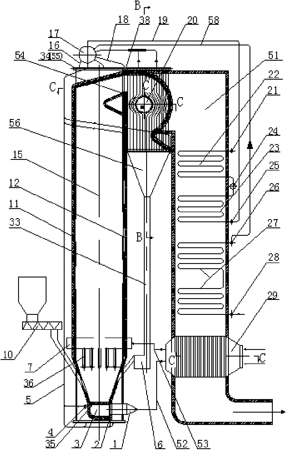 Water-cooled or air-cooled high-temperature horizontal cyclone separator of circulating fluidized bed with accelerating section