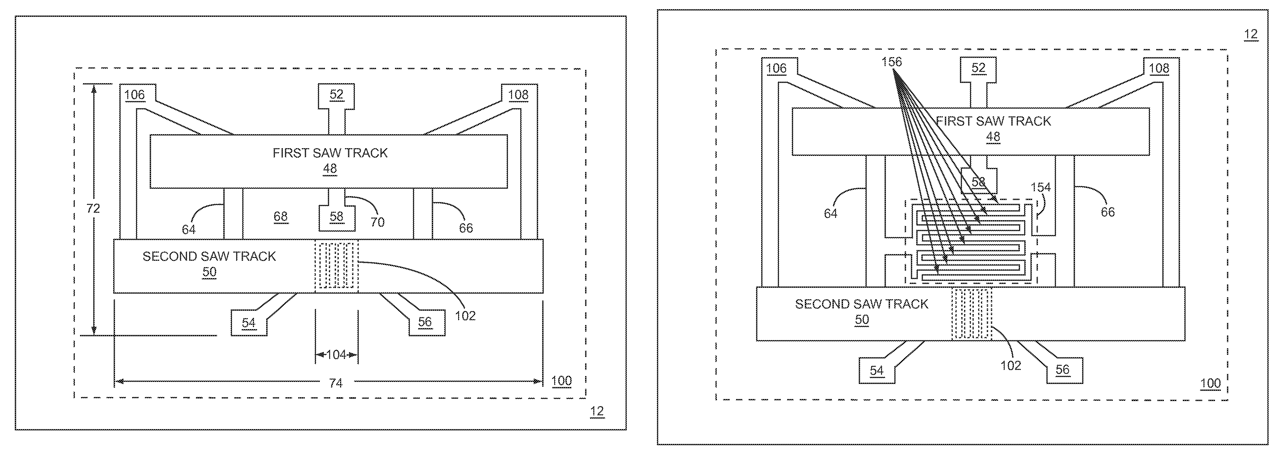 Two-track surface acoustic wave device with interconnecting grating
