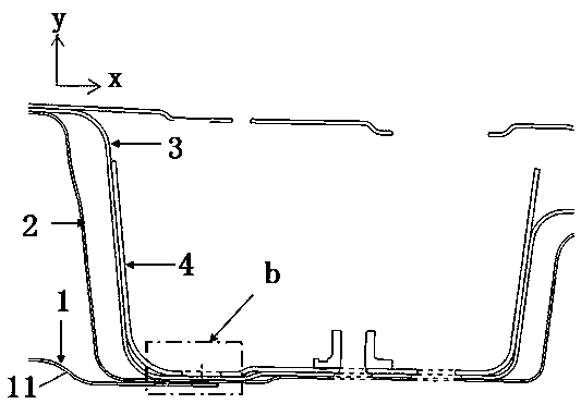 Connecting structure of stiffening beam and side wall assembly on front wheel cover