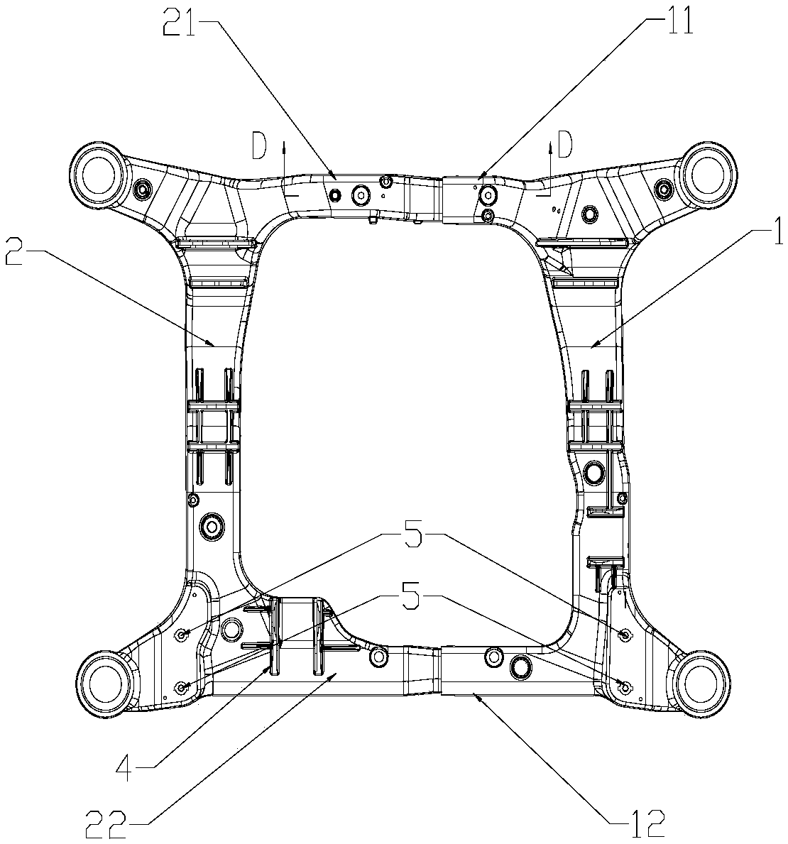 Mutually inserted rear auxiliary frame