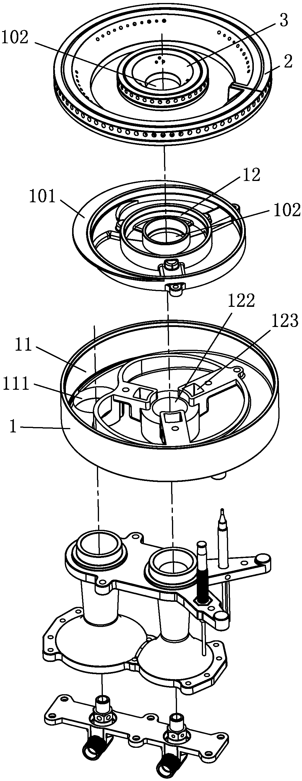 Fire distribution structure of two-cavity direct injection burner
