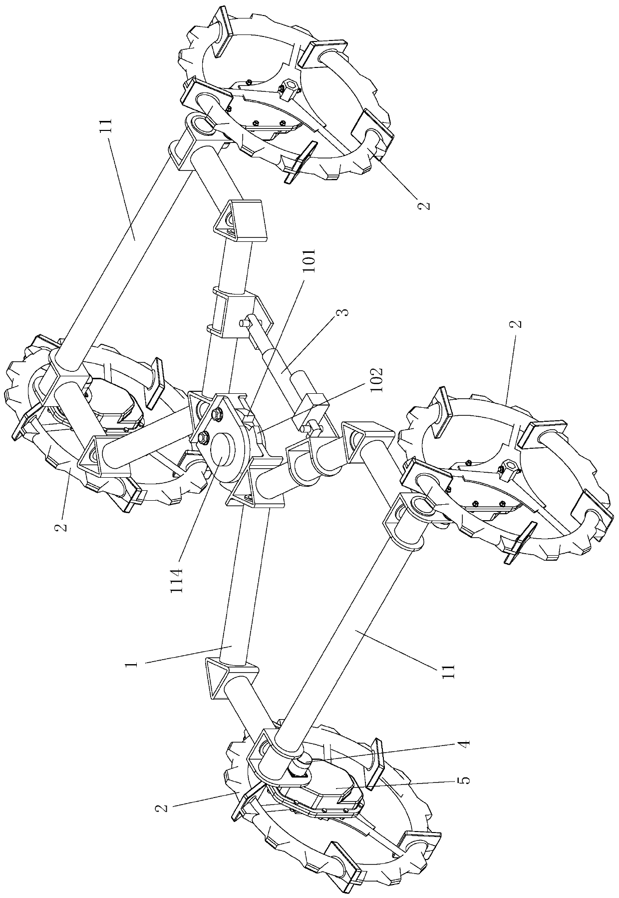 Articulated type four-drive chassis and steering method thereof