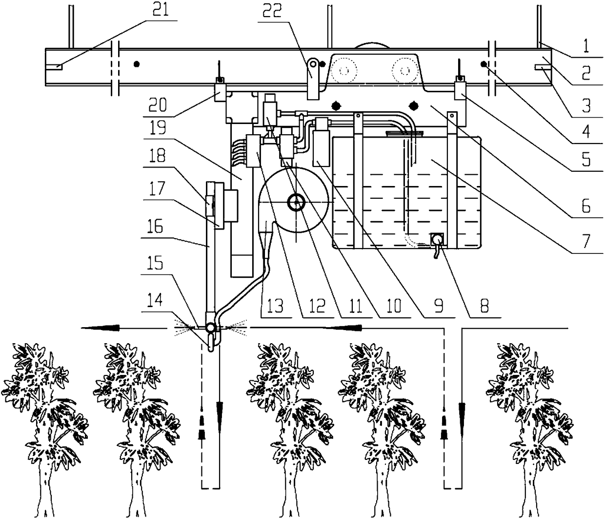Railed self-propelled multimode automatic atomizing machine for greenhouses