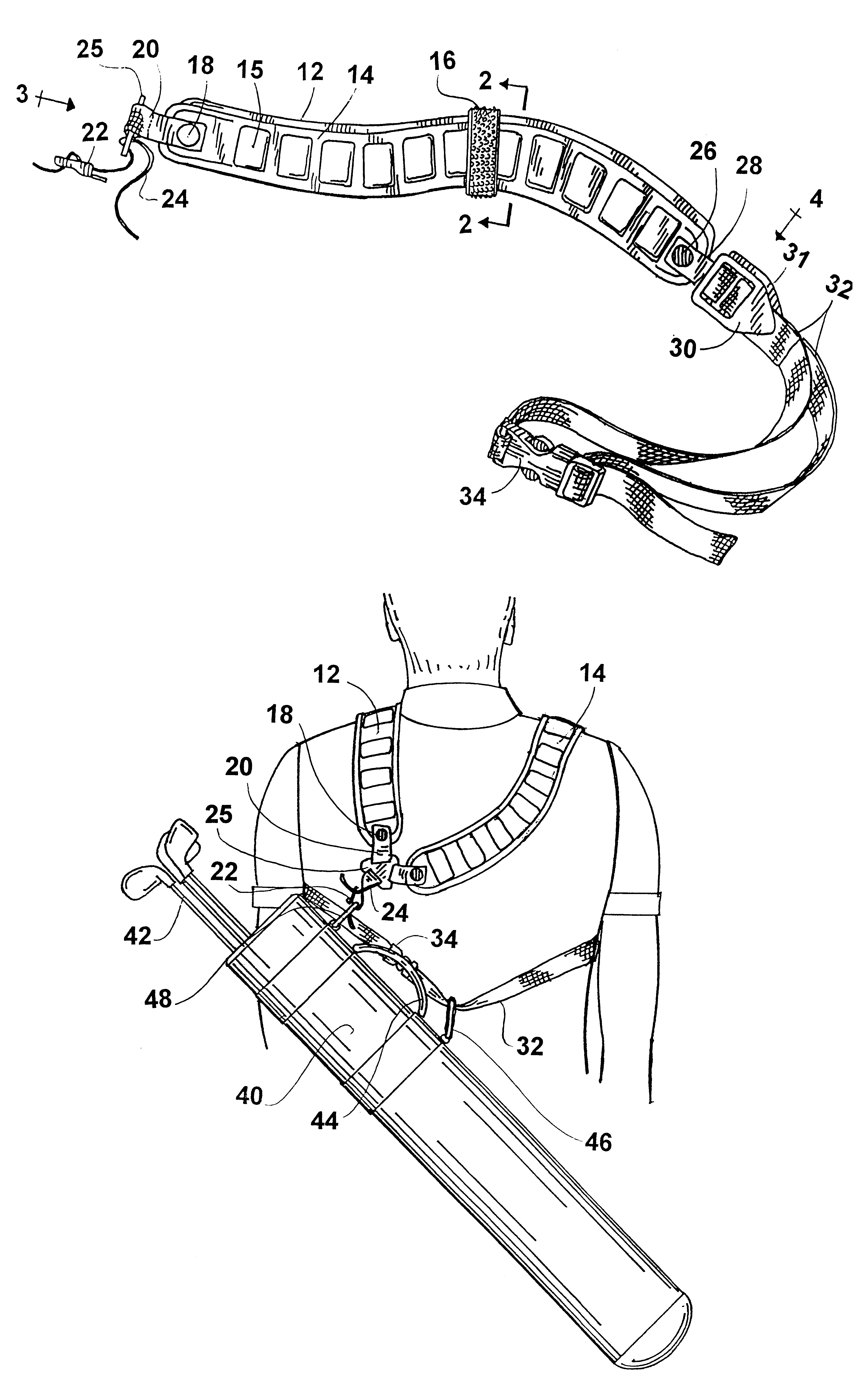 Nested, two-layer golf bag strap for one-shoulder or two-shoulder carrying