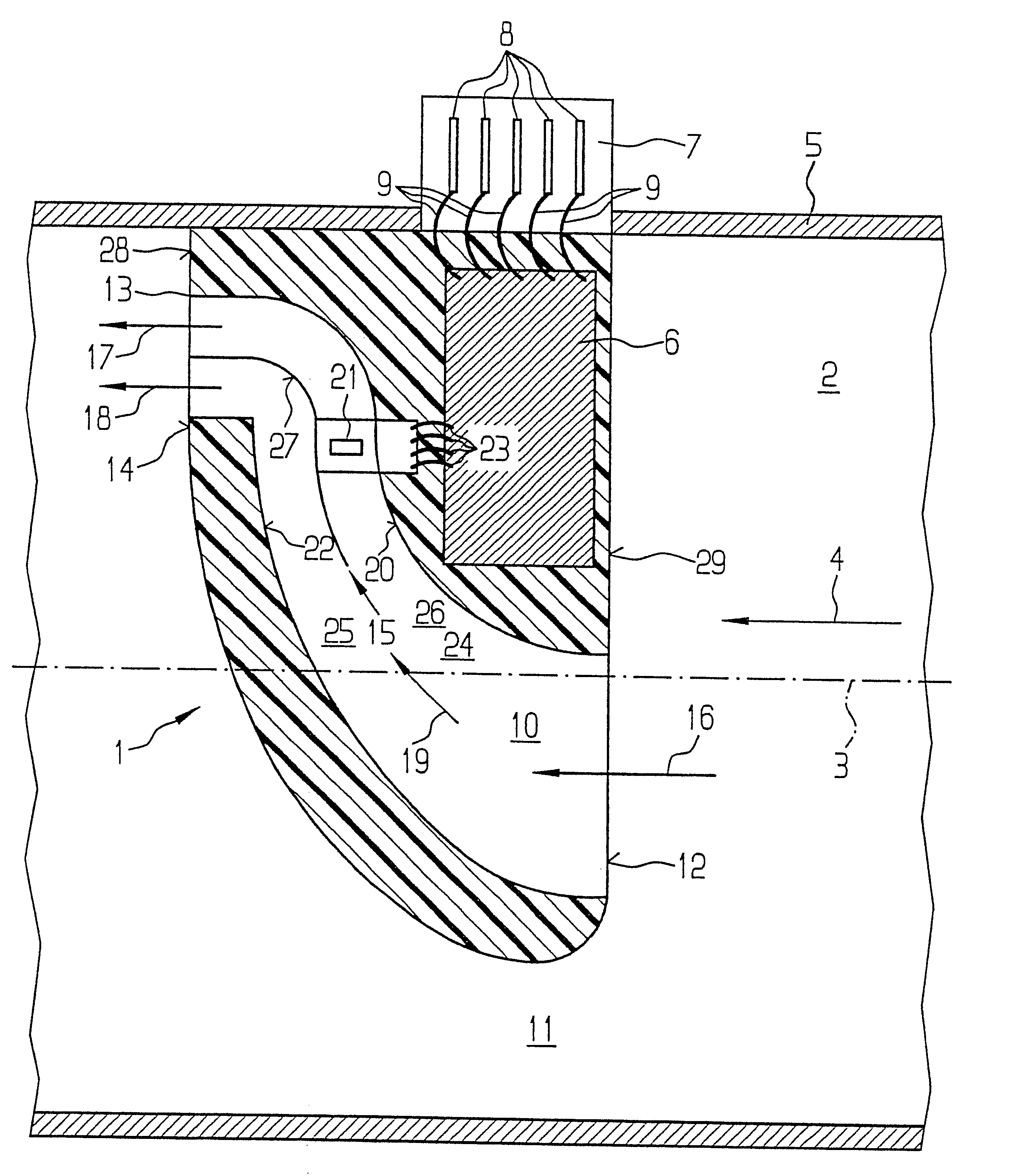 Measuring device for measuring the mass of a medium flowing in a line