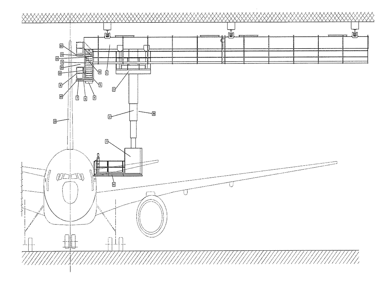 Apparatus for treating the surface or carrying out maintenance and/or  inspection tasks of a vertical stabilizer of an aerial vehicle in a low interior height hangar