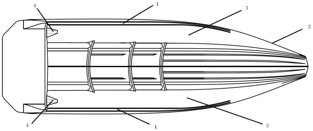 A trimaran planing boat with channel wave suppressor