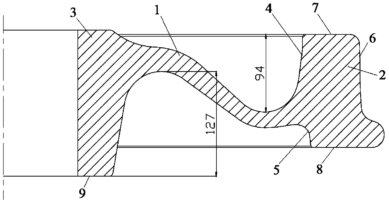 Hot forming process of train wheel with large difference in rim-plate spacing of anti-spoke plate