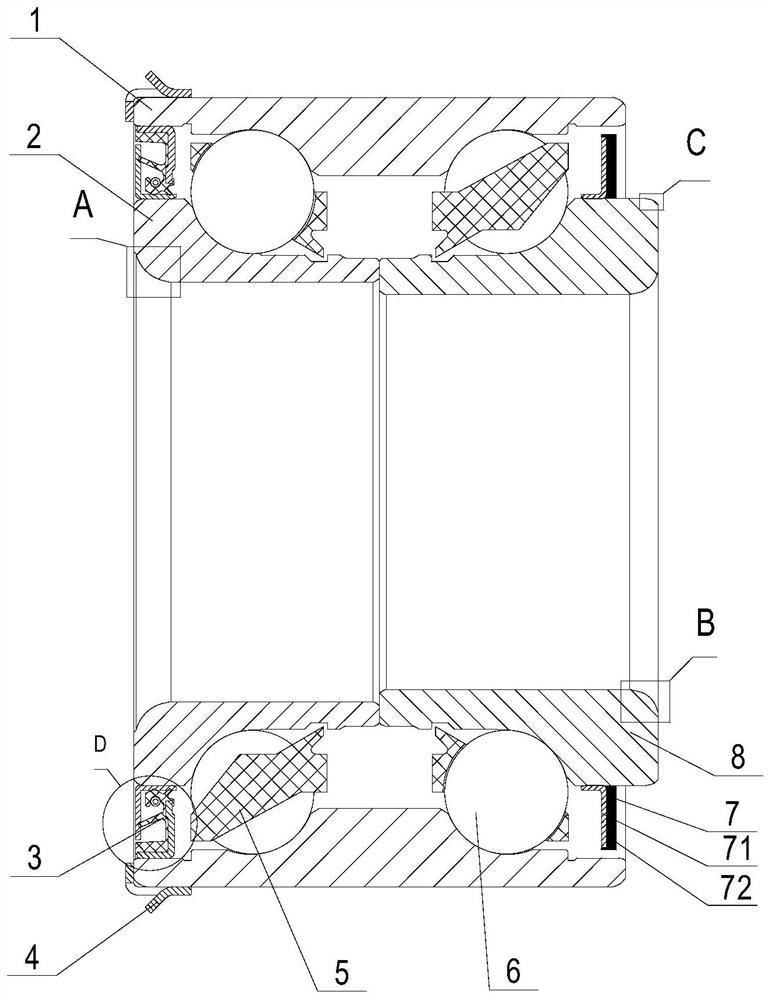 Double row wheel hub bearing with stop ring