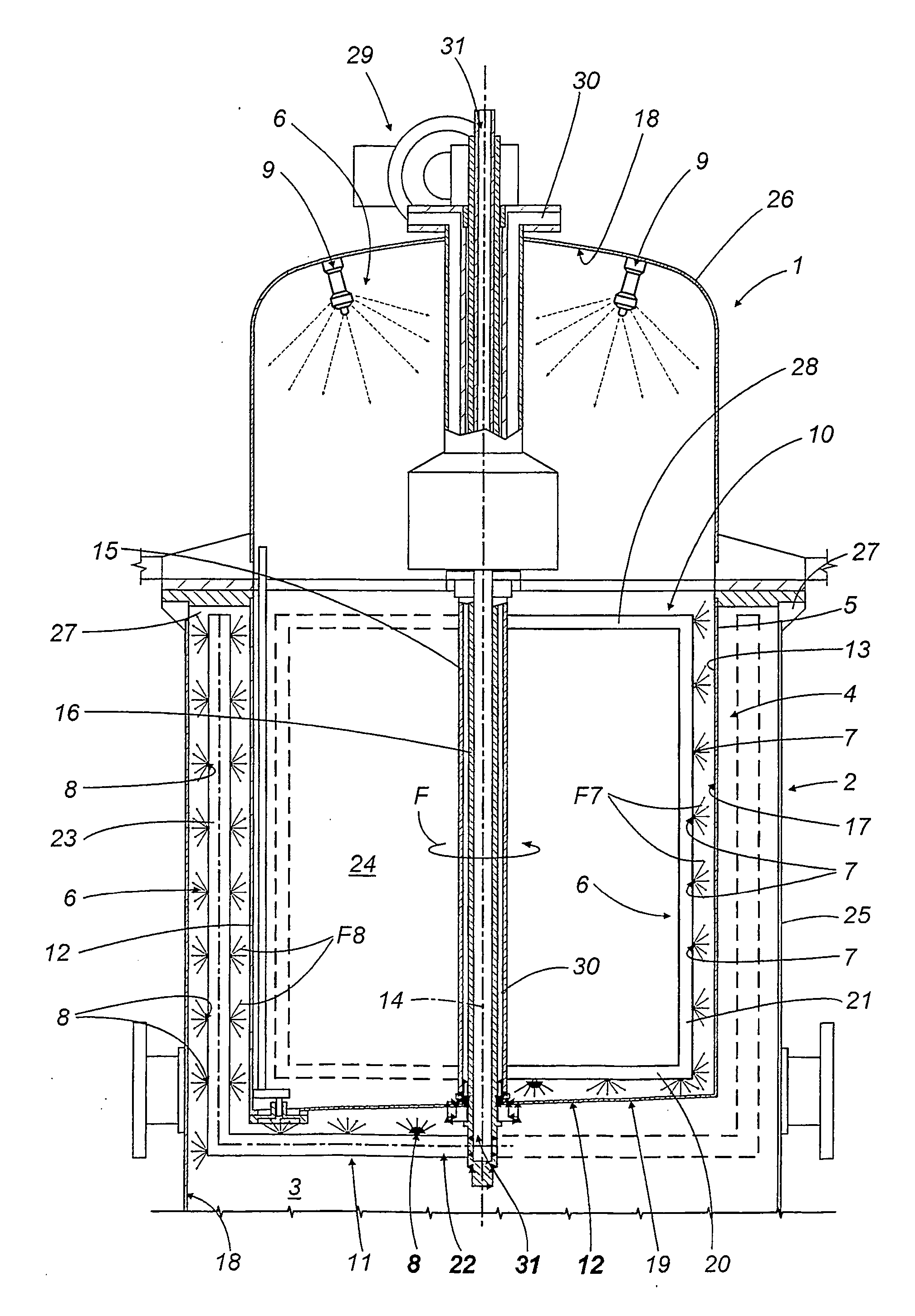 Granulator device for the treatment of powdered products