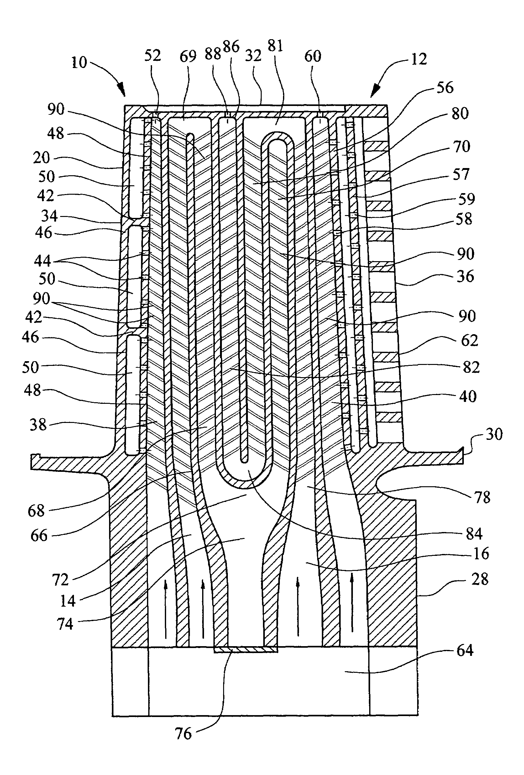 Turbine airfoil with counter-flow serpentine channels