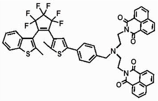 Photochromic bis(N-ethyl-1,8-naphthalimide)amine-benzothiophene hybrid type perfluorocyclopentene compound, and synthetic method and application thereof