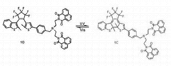 Photochromic bis(N-ethyl-1,8-naphthalimide)amine-benzothiophene hybrid type perfluorocyclopentene compound, and synthetic method and application thereof