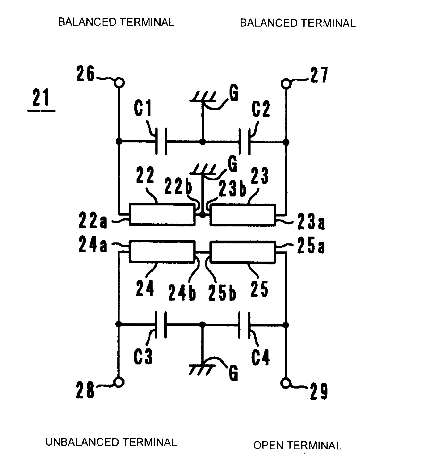 Balanced-unbalanced converting circuit and laminated balanced-unbalanced converter