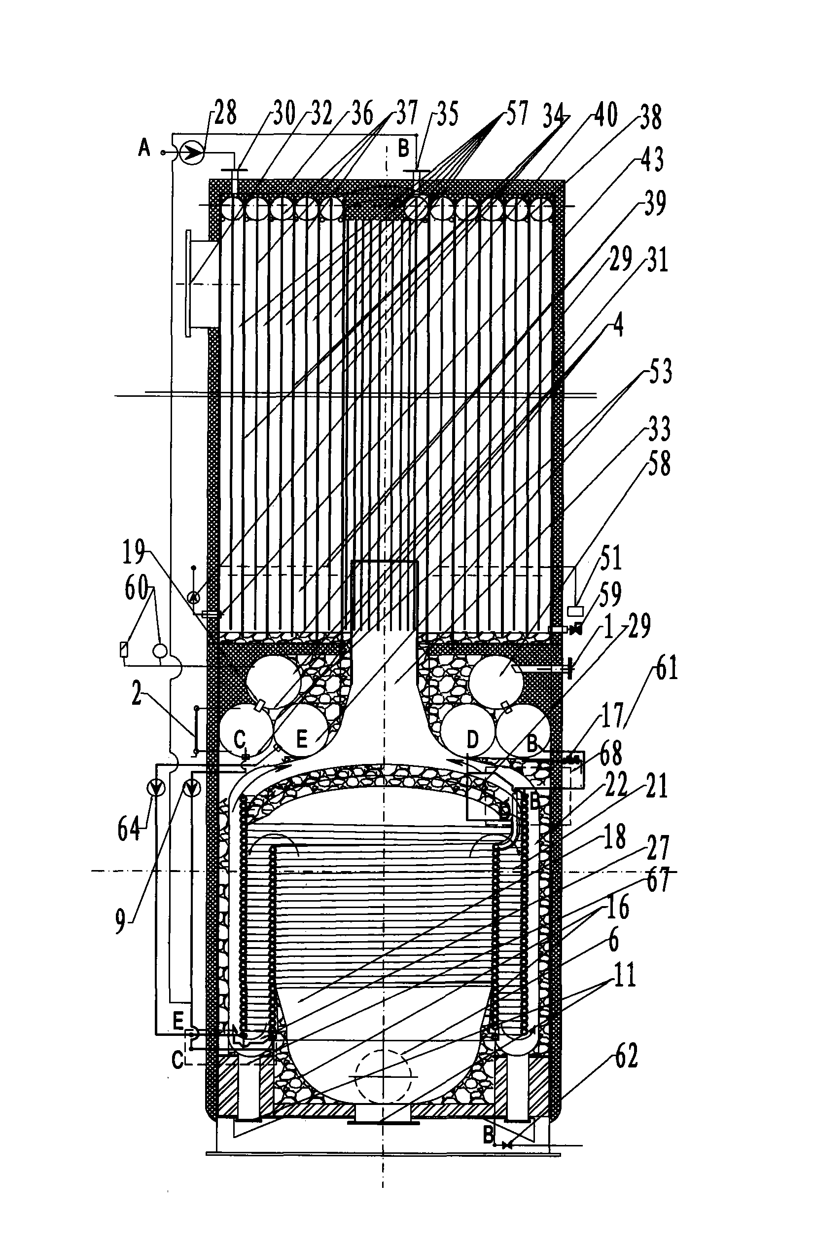 Scale-free direct-current gas boiler for heat pipe heat setting pool provided with double coils and furnace flue