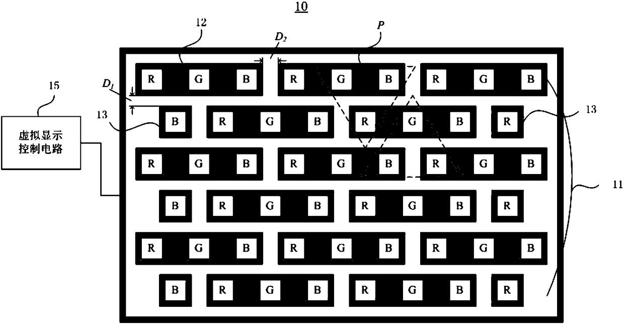 Virtual LED display module based on three-color strip-type LED chips and virtual LED six-fold frequency-doubling display method based on three-color strip-type LED chips