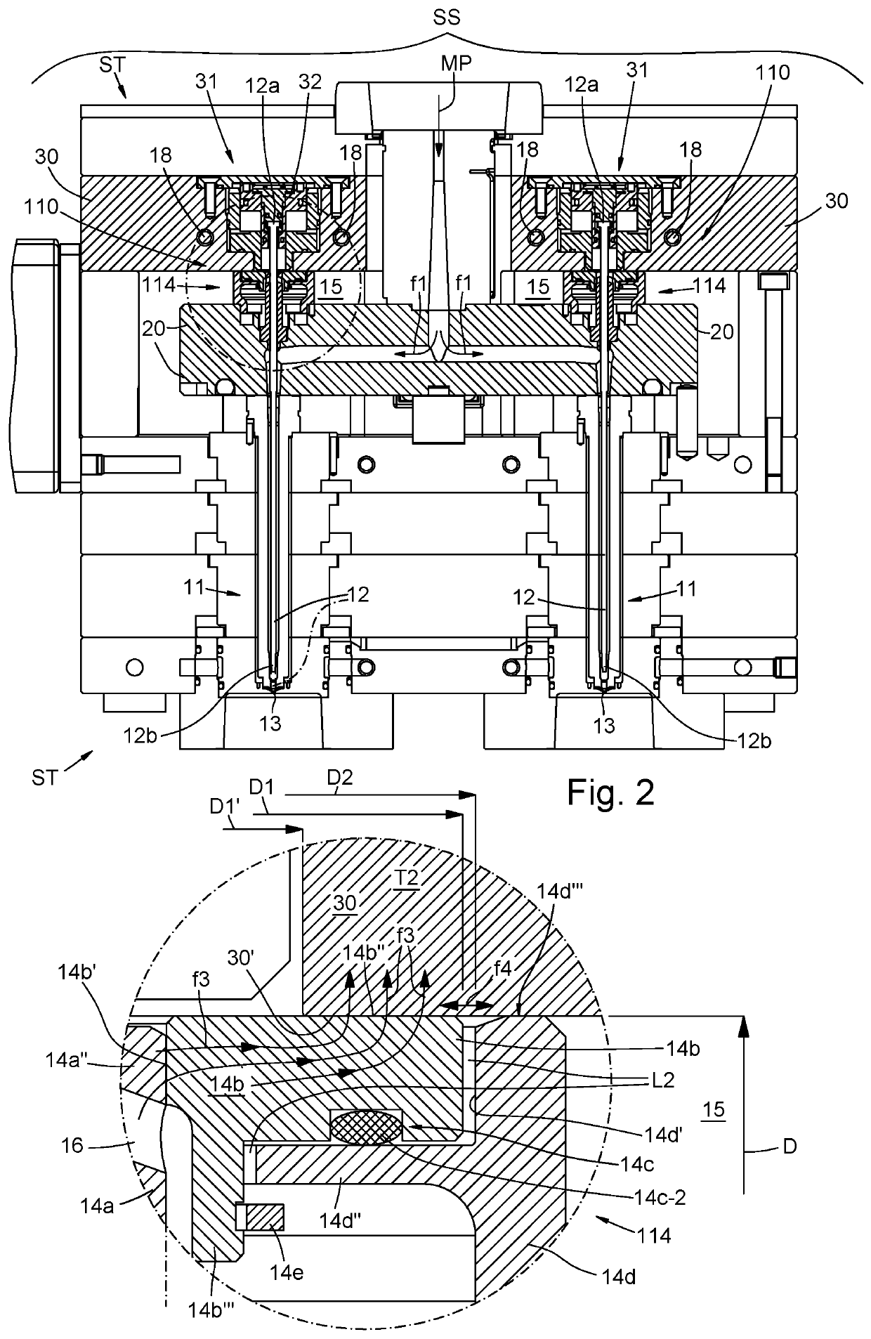 Injection unit, with closure pin, for the injection moulding of plastic material, with capacity to recover thermal dilatations and avoid leakage of the plastic material