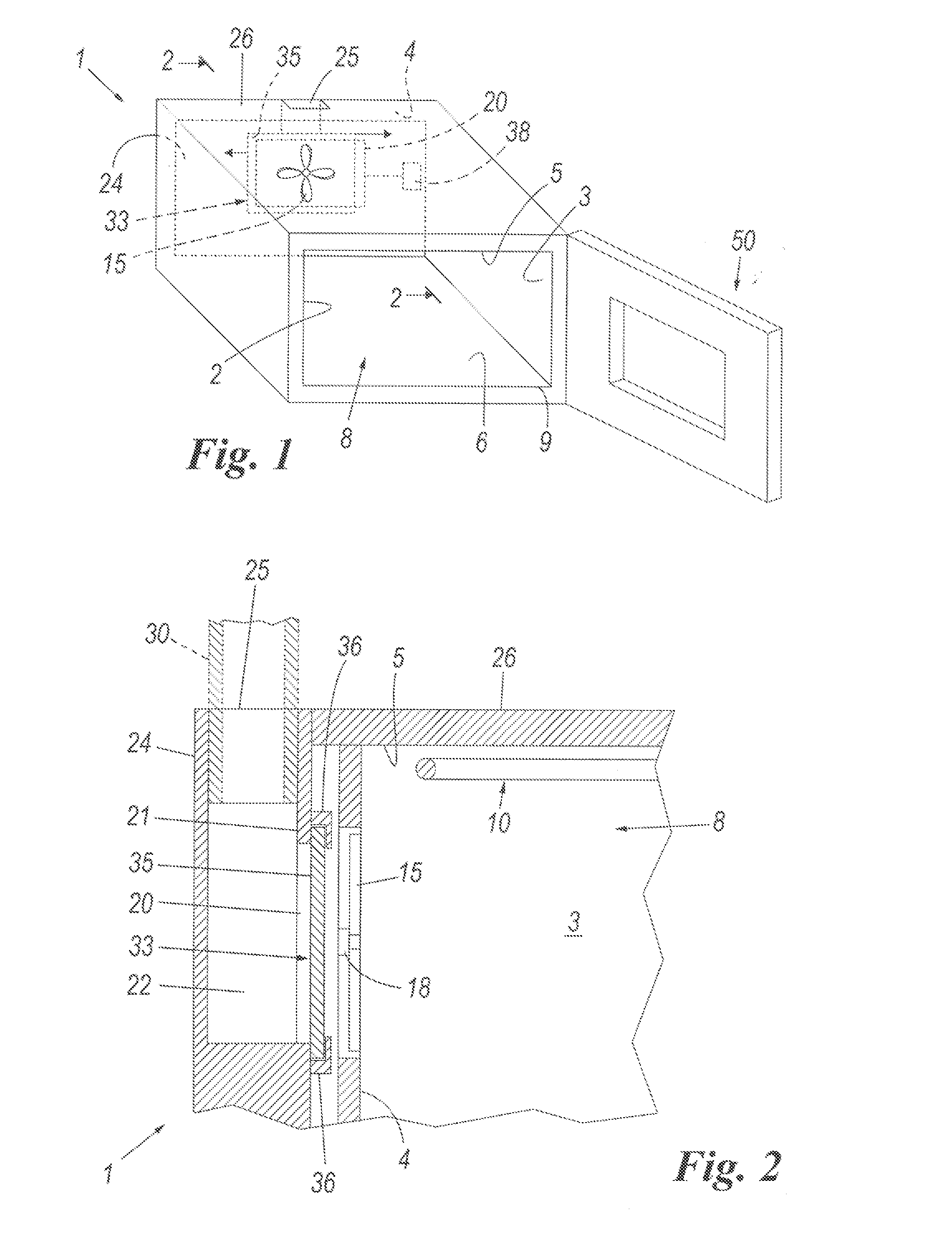 Oven provided with aperture for air entry into its cavity