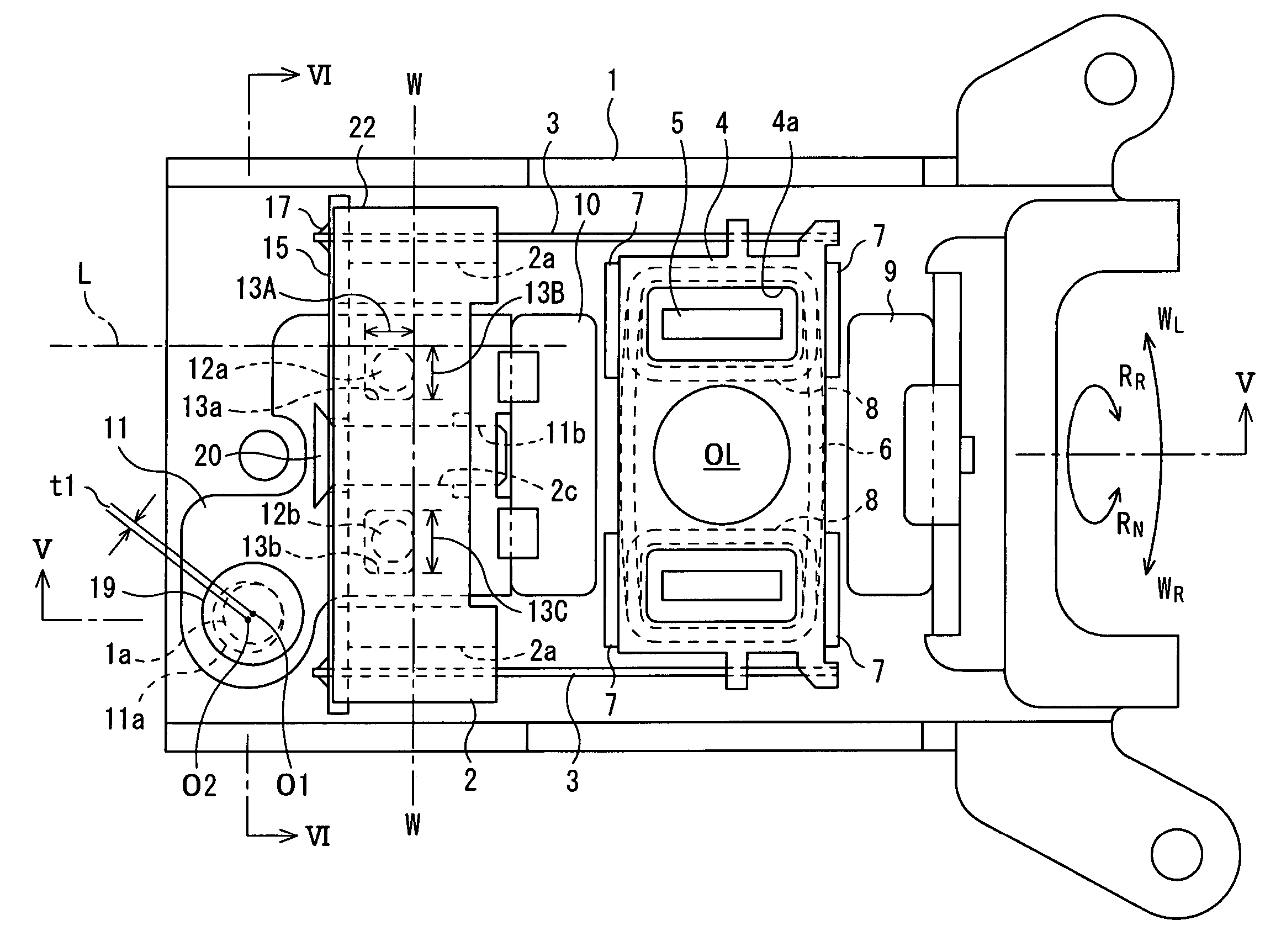 Optical pick-up device with respective flush screws eccentrically positioned between an actuator base and a magnetic holder, together between a printed-circuit board and a support member