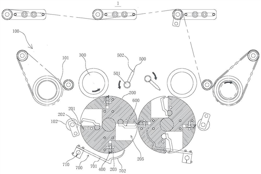 Continuous folding device for film bag and continuous folding equipment for film