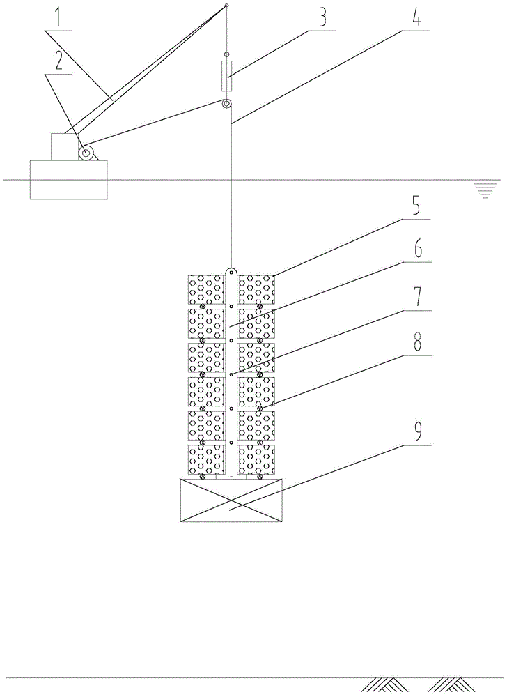 Method for mounting deep sea underwater heavy facility by using buoyancy blocks and hoisting and guiding dual-use cable