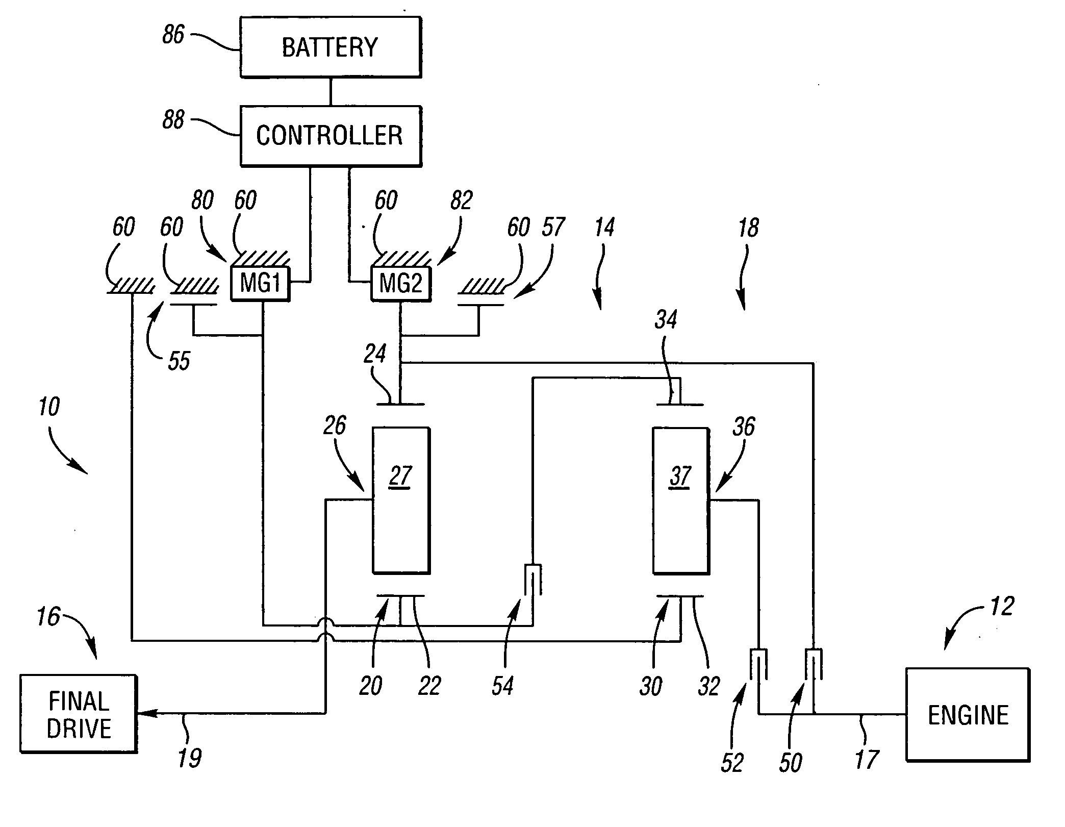 Electrically variable transmission having two planetary gear sets with one stationary member and clutched input