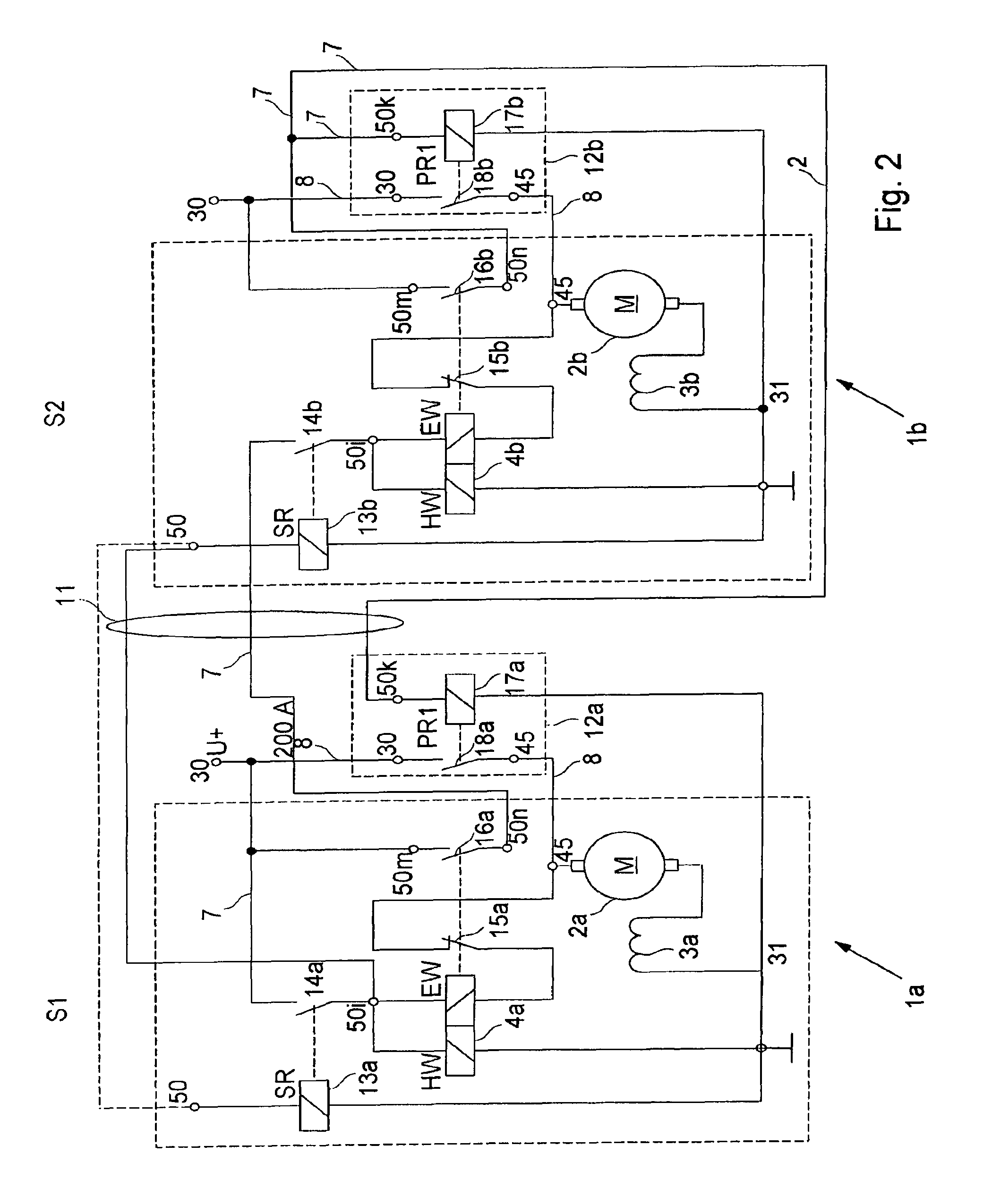 Parallel starting system having a low wiring expenditure