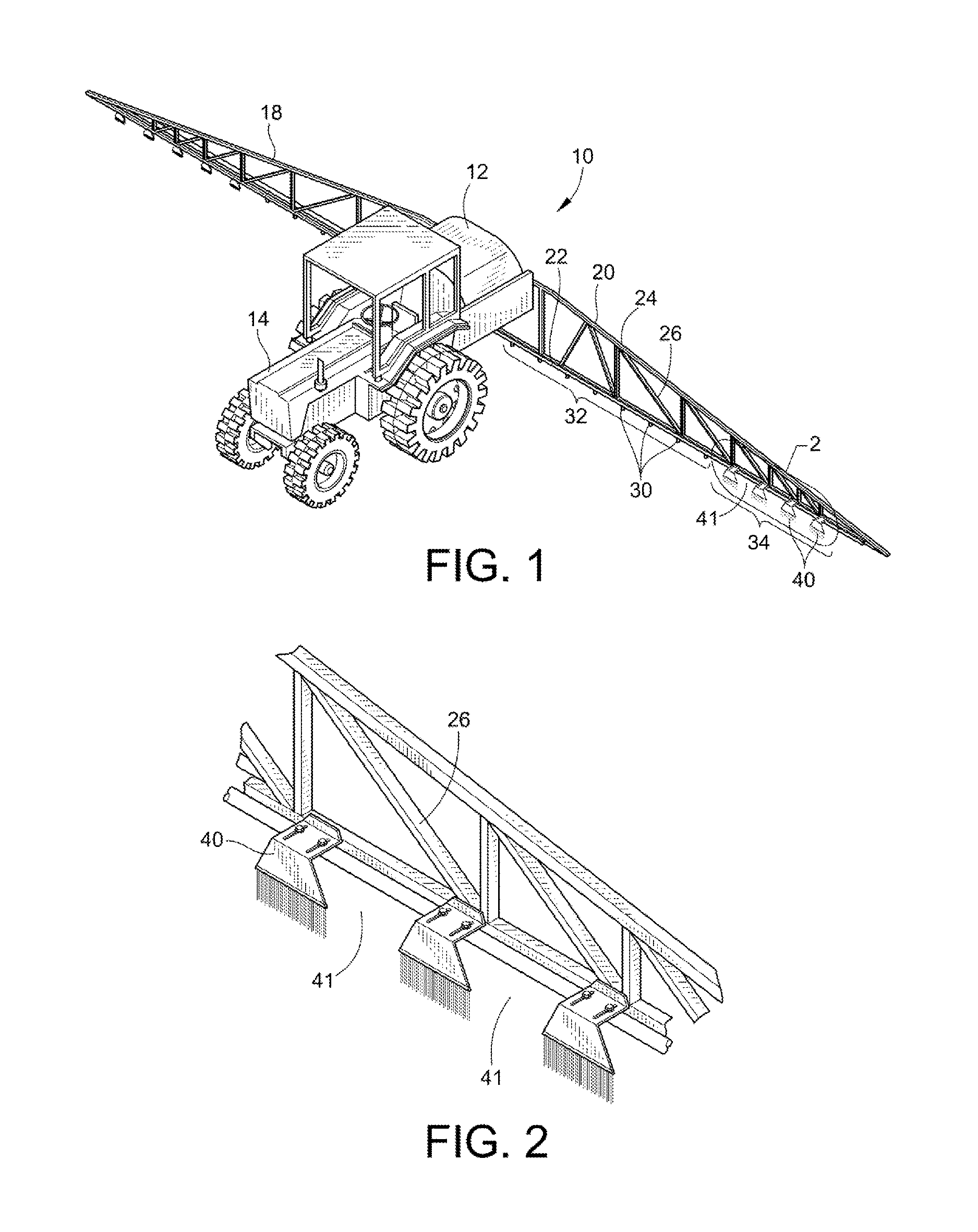 Spray boom nozzle spoiler device and system