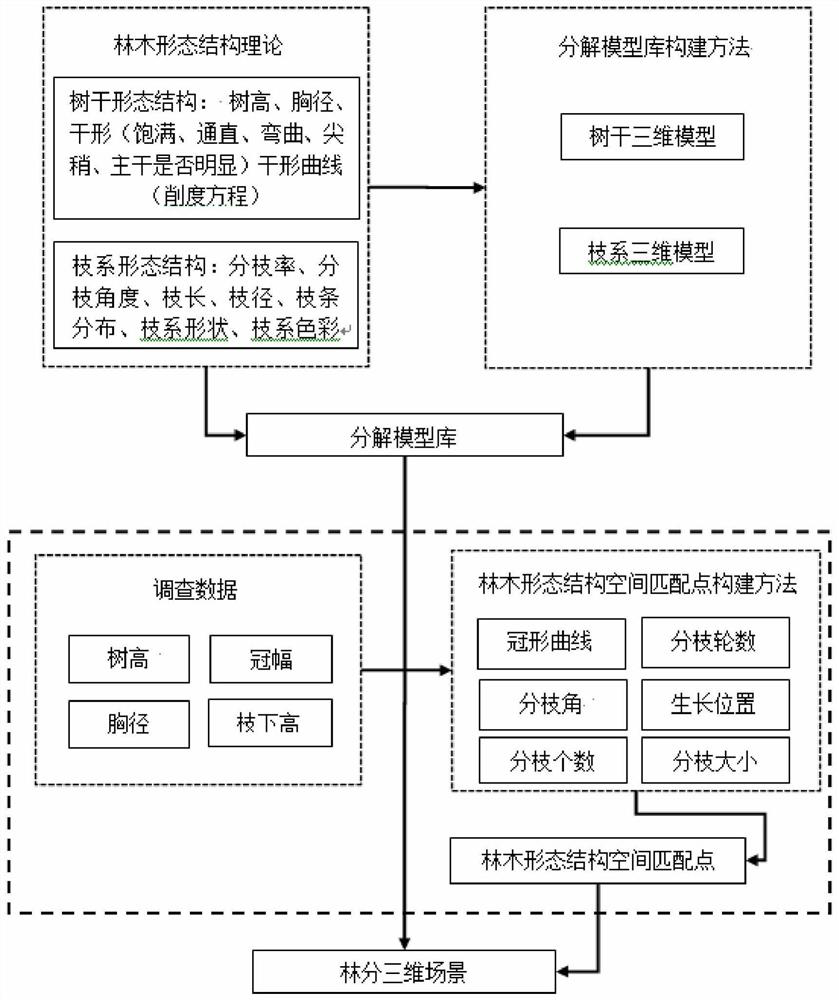 Decomposition model library forest three-dimensional scene simulation method