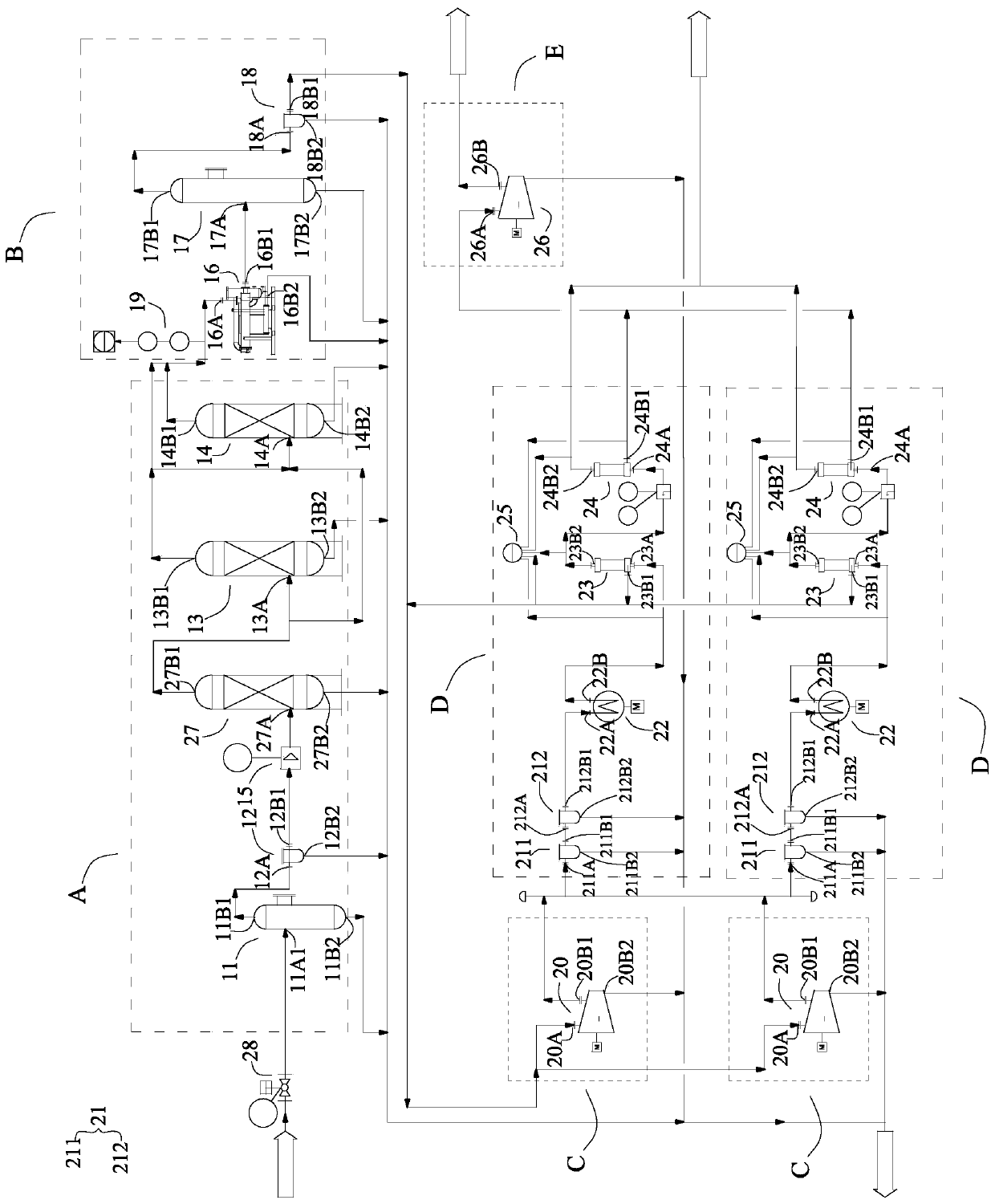 Skid-mounted carbon-dioxide-flooding flow-back gas desulfurization, dehydration and carbon dioxide recovery system