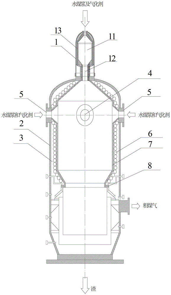 Water-cooled wall coal-water slurry gasifier with ignition head and its gasification process