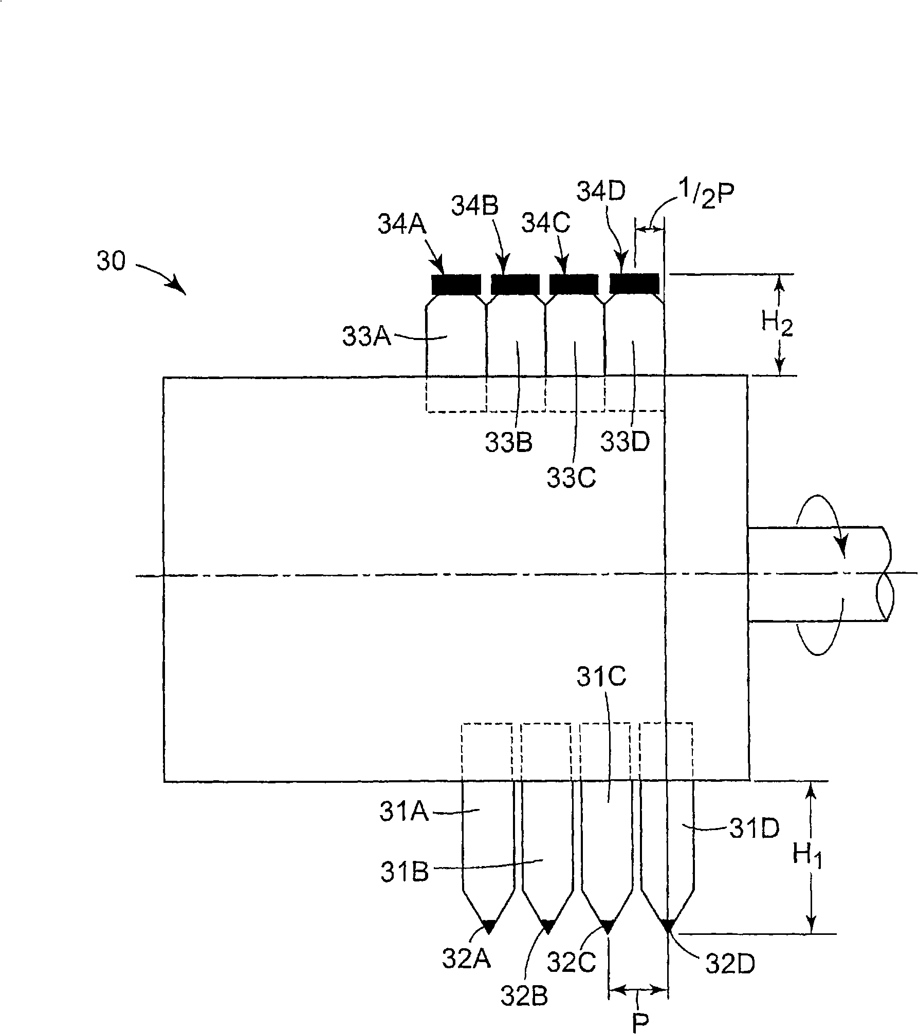 Cutting tool assembly including diamond cutting tips at half-pitch spacing for land feature creation