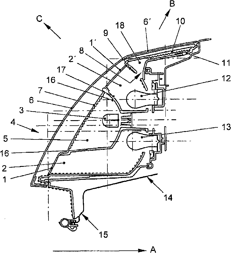 Vehicle illuminating device having an additional reflector for the lateral deflection of a light portion of a light source