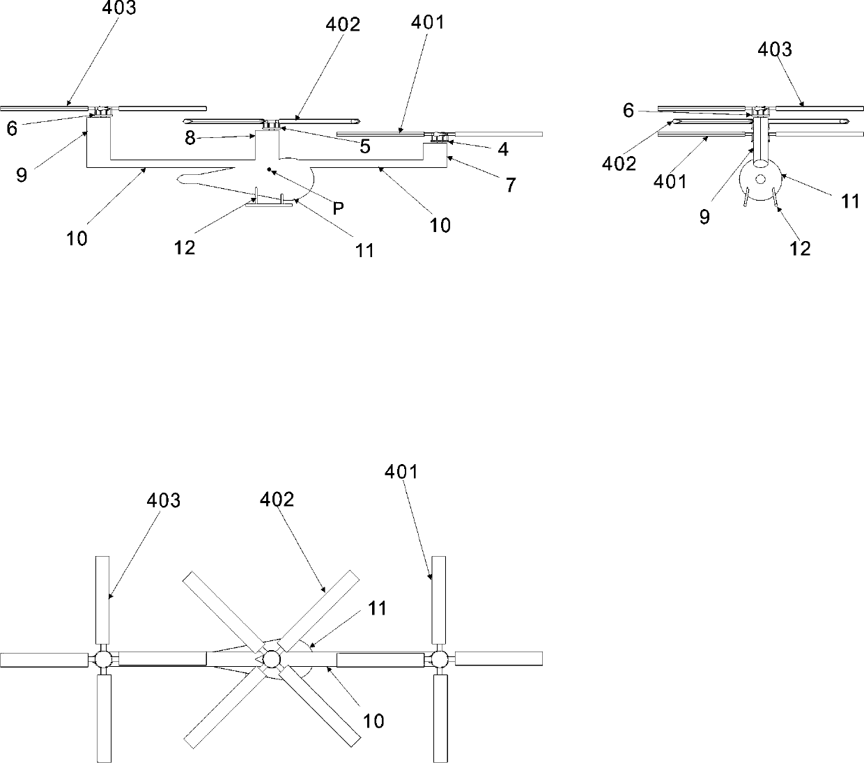 Unequal-radius tandem three-rotor helicopter