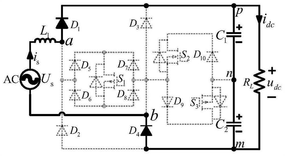 Single-phase three-level power factor correction circuit with asymmetric novel T-shaped bridges