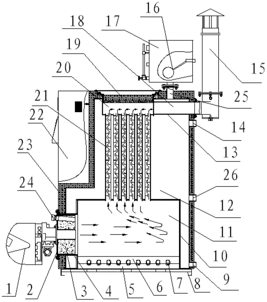 Semi-backdraft type small-size fuel oil and fuel gas hot water boiler