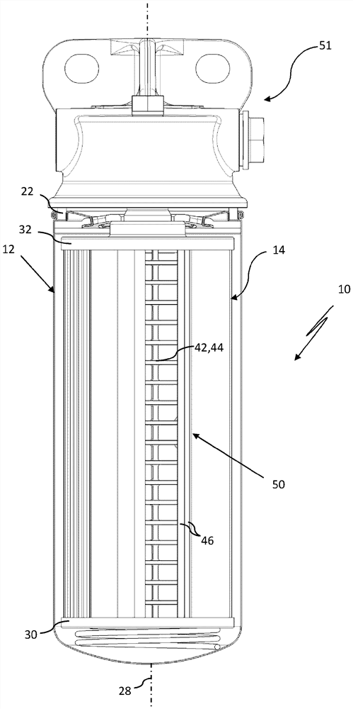 Filter system and filter element with fibreglass-containing filter medium and winding body fibreglass barrier