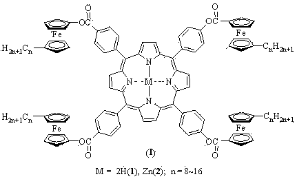 Method for preparing one-class ferrocene modified porphyrin and metal porphyrin liquid crystal
