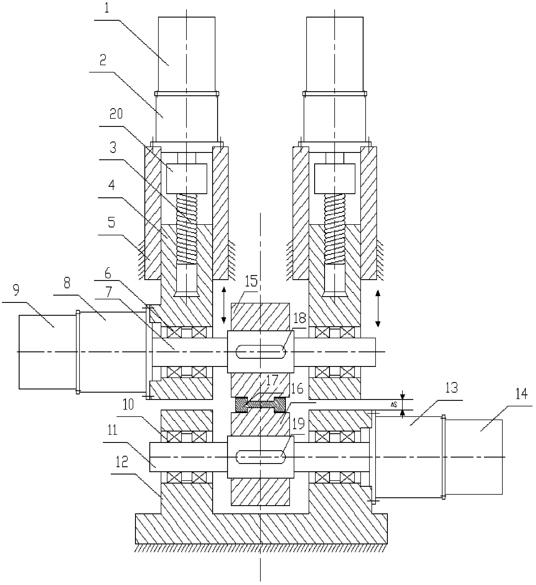 Alternating-current direct-drive servo device for main transmission and two-roller radial spacing adjustment