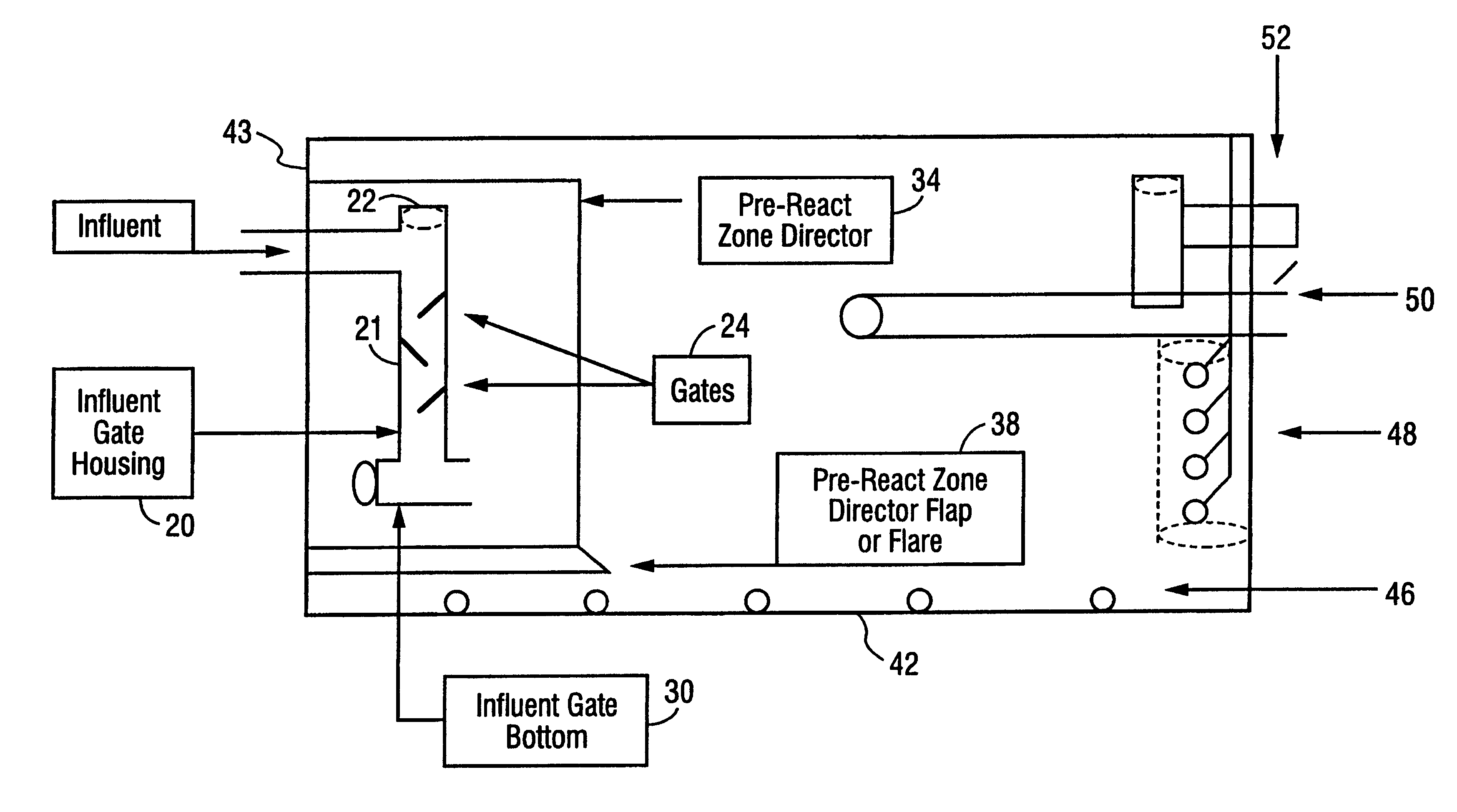 Wastewater treatment tank with influent gates and pre-react zone with an outwardly flared lower portion