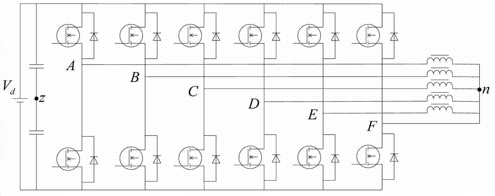 Adjacent five-vector SVPWM (space vector pulse width modulation) method based on five-phase six-line topology