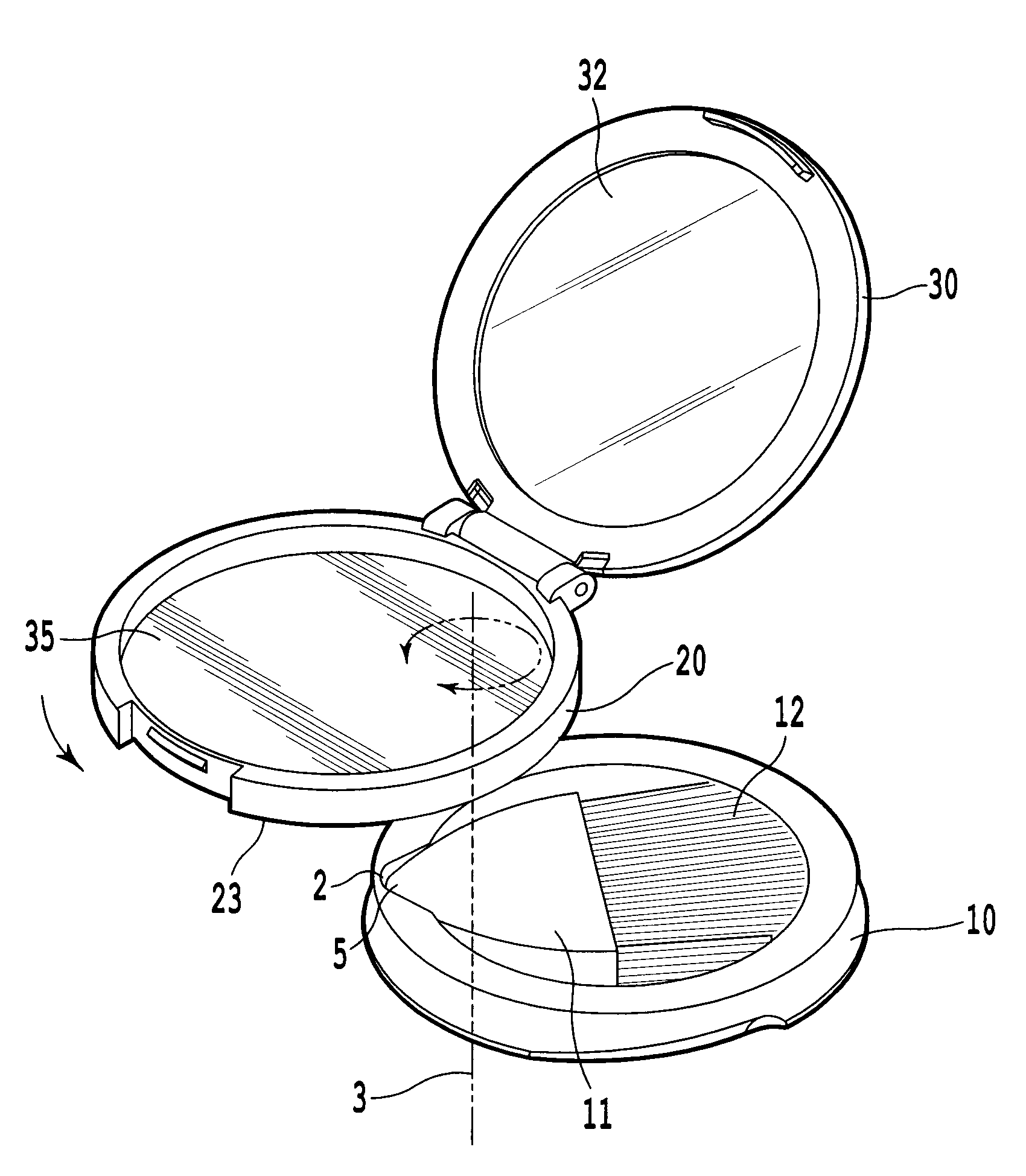 Cosmetic product compact having pivoting sections and a product application device