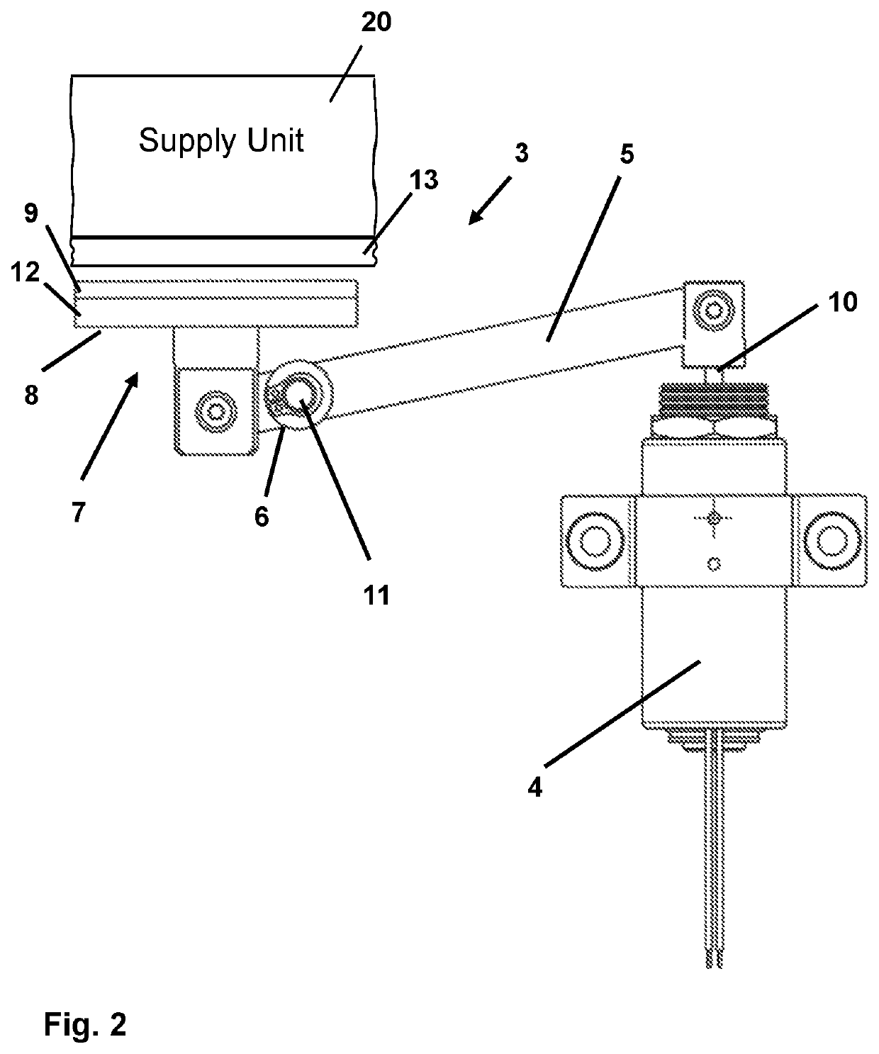 Beam-mounted supply unit for fastening medical devices to a ceiling