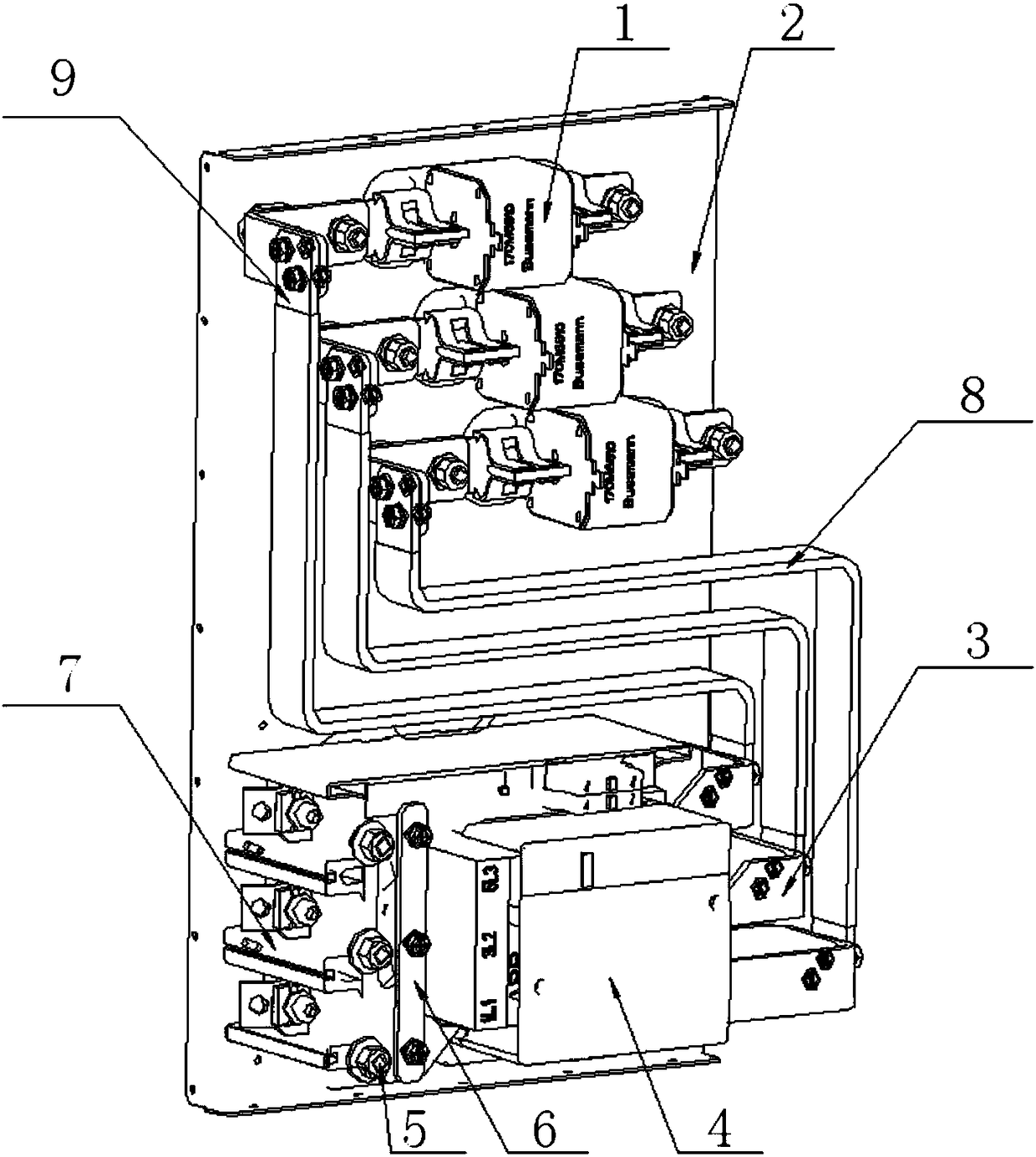 A connection structure of copper bar of wind power inverter contactor