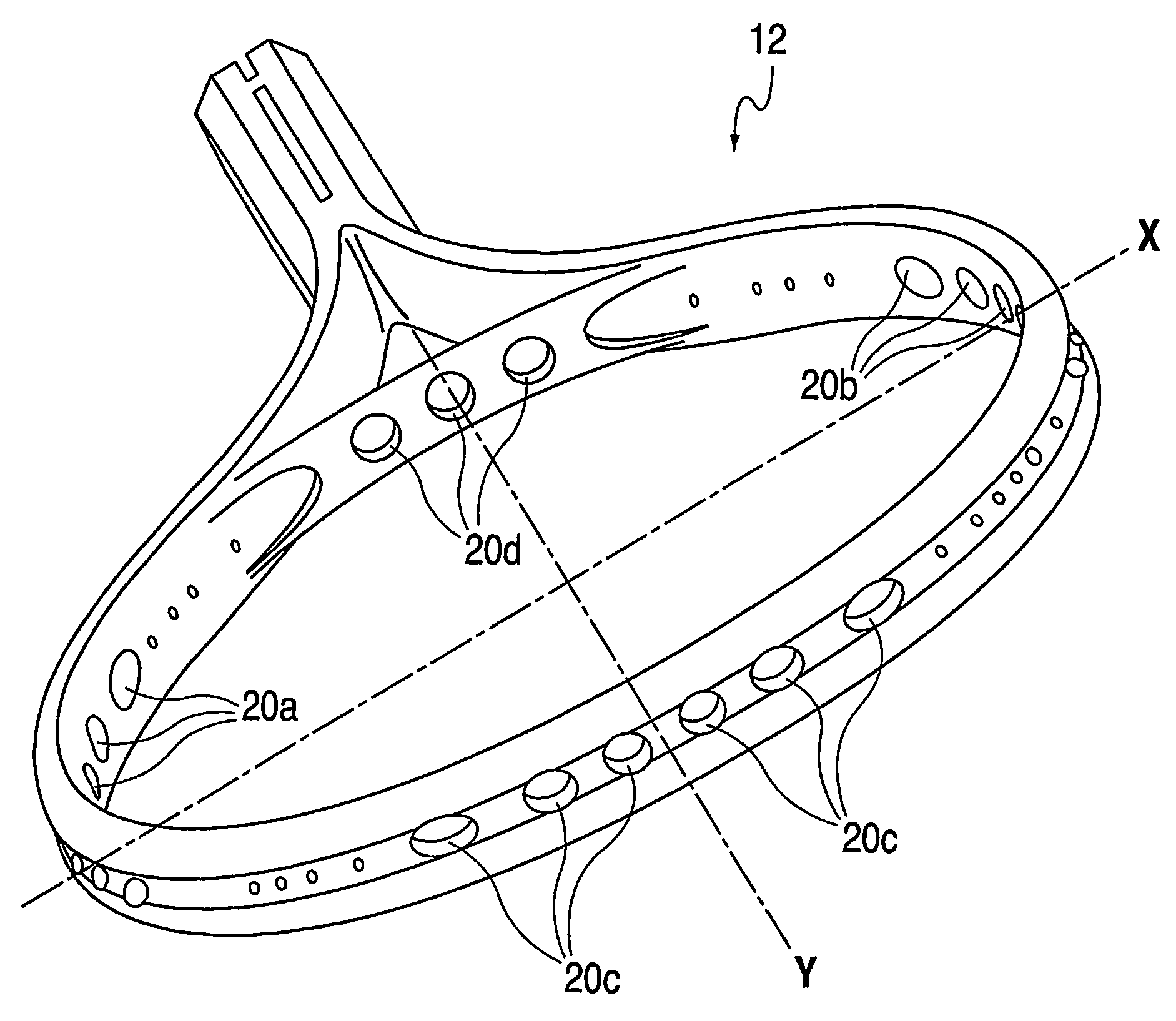 Sports racquet with frame openings