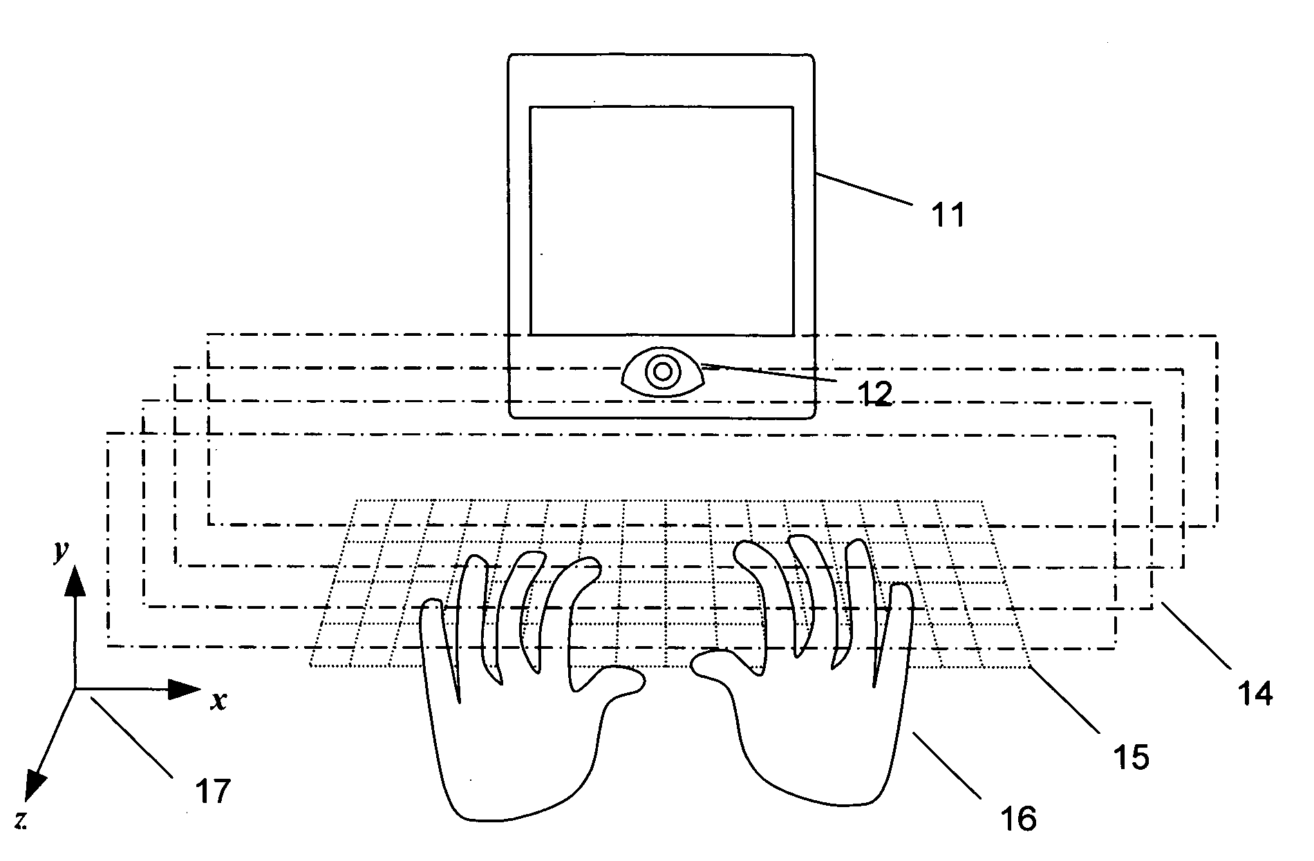 Virtual Keyboard input system using three-dimensional motion detection by variable focal length lens
