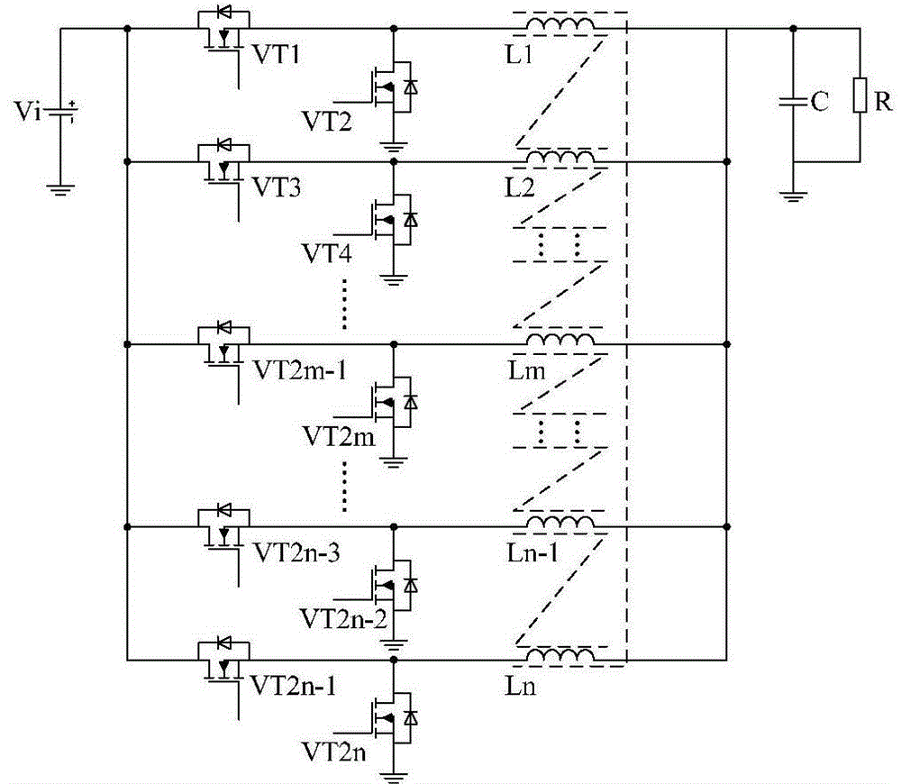 Staggered parallel-connection direct-current voltage reduction converter with phase-by-phase coupled inductor