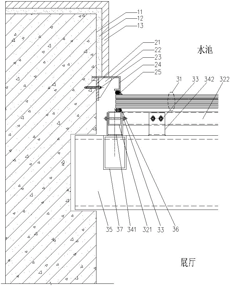 Waterproof structure of glass pool and concrete structure