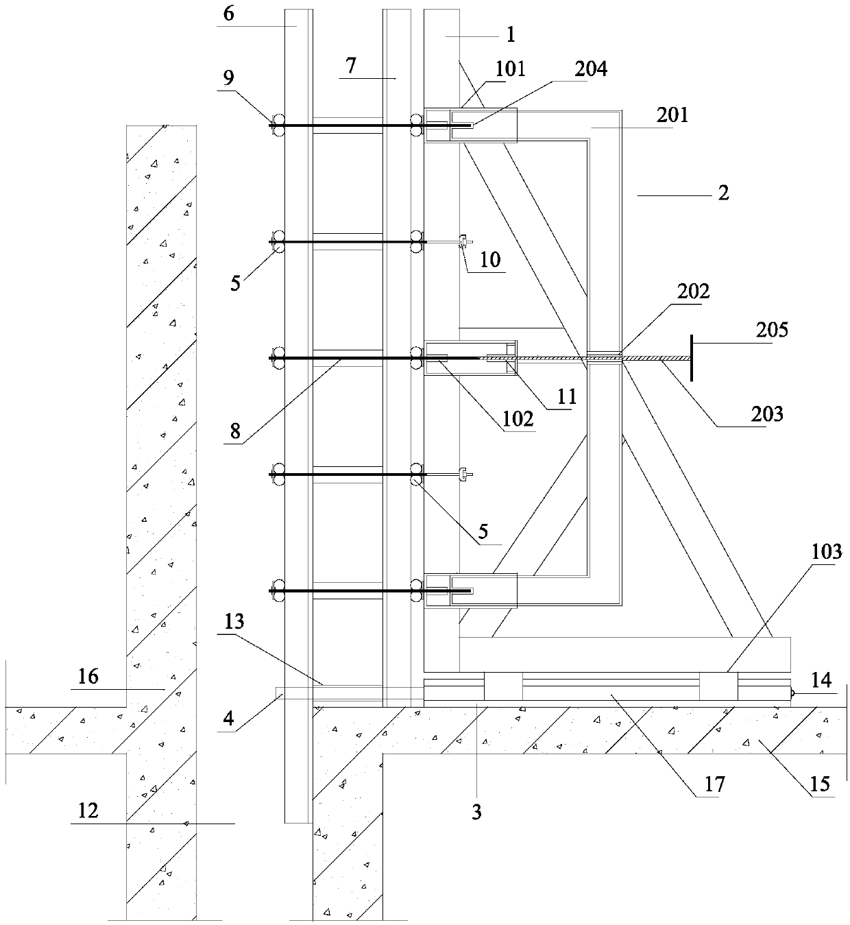 Deformation joint post-section shear wall sliding-pushing type installation and disassembling template erection system and construction method